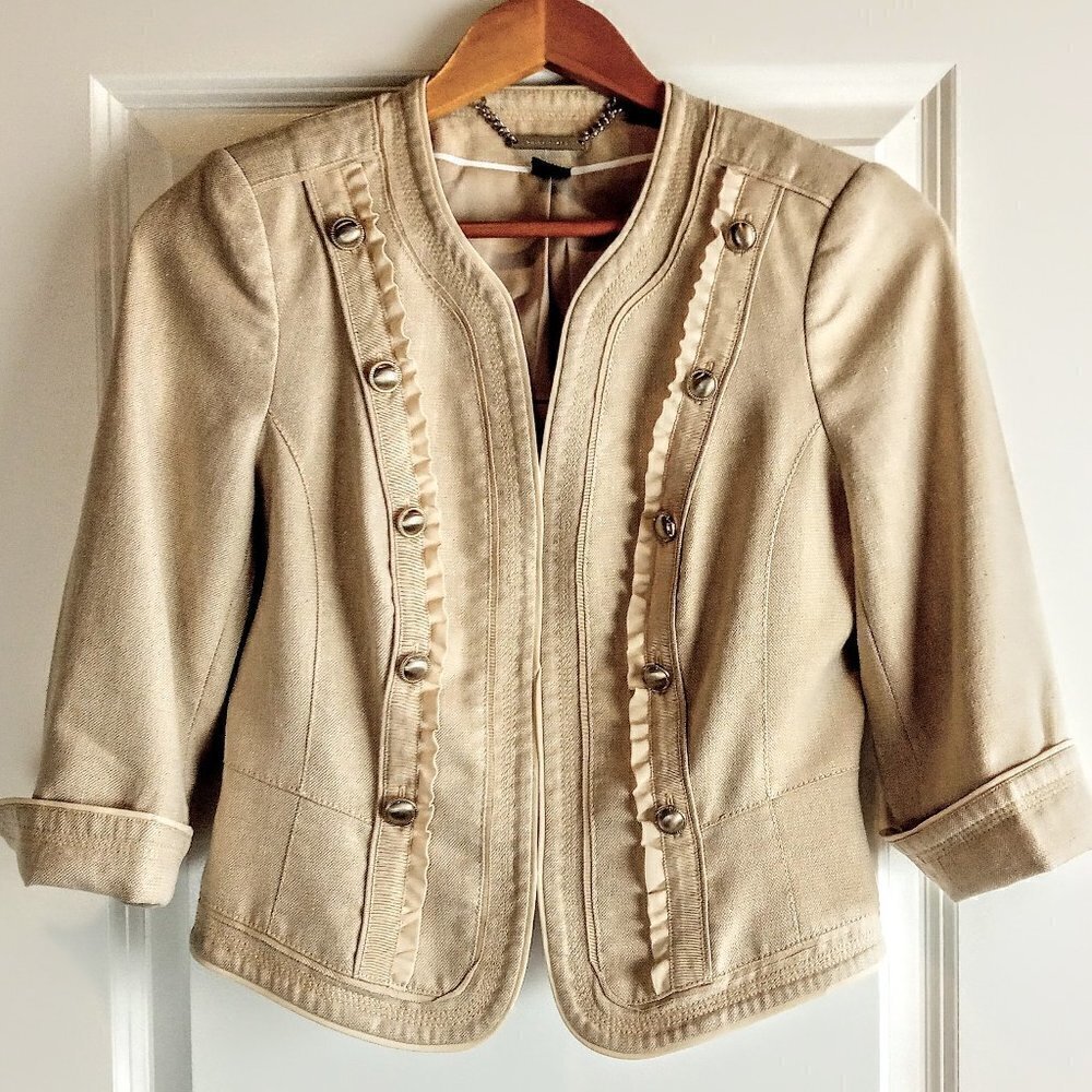 WHBM Beige Shimmer Ruffle Trim Military Jacket